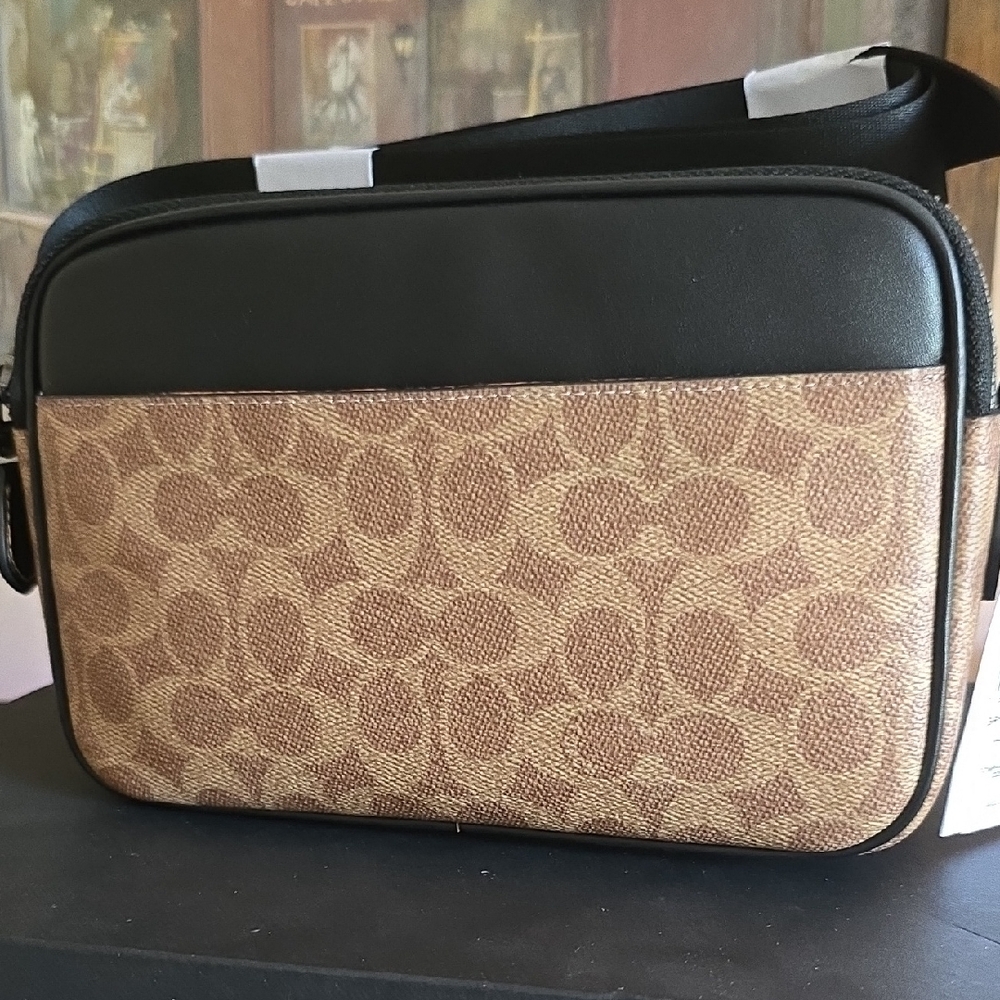 Coach Black and Brown Messenger Bag with Signature Monogram